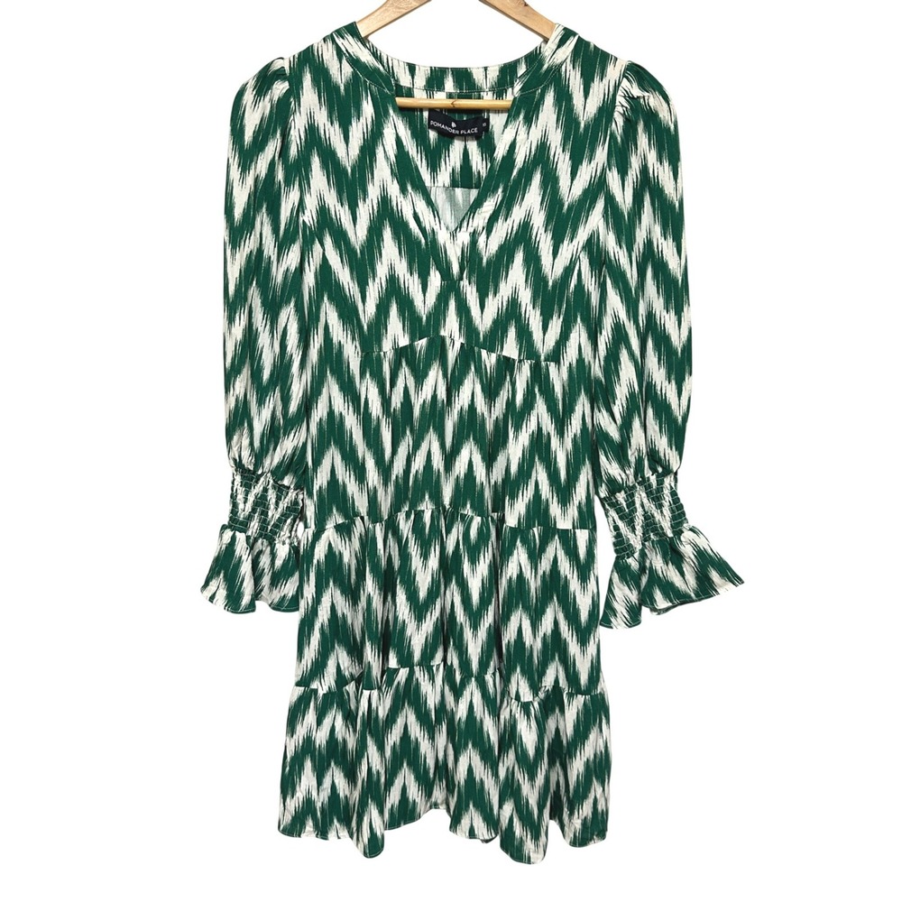 Pomander Place Kenzo Ikat Mini Dress Women XS Green Tiered Smocked Ruffle Boho